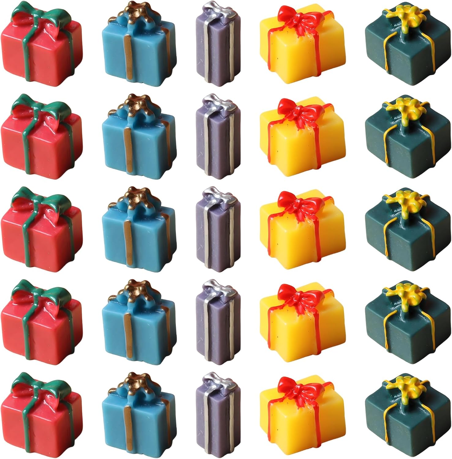 100 Pcs Miniature Christmas Ornaments, Resin Gift Boxes for Craft DIY, Garden and Xmas Tree Decoration, Figurines and Charms in Red, Yellow, Green, Blue,