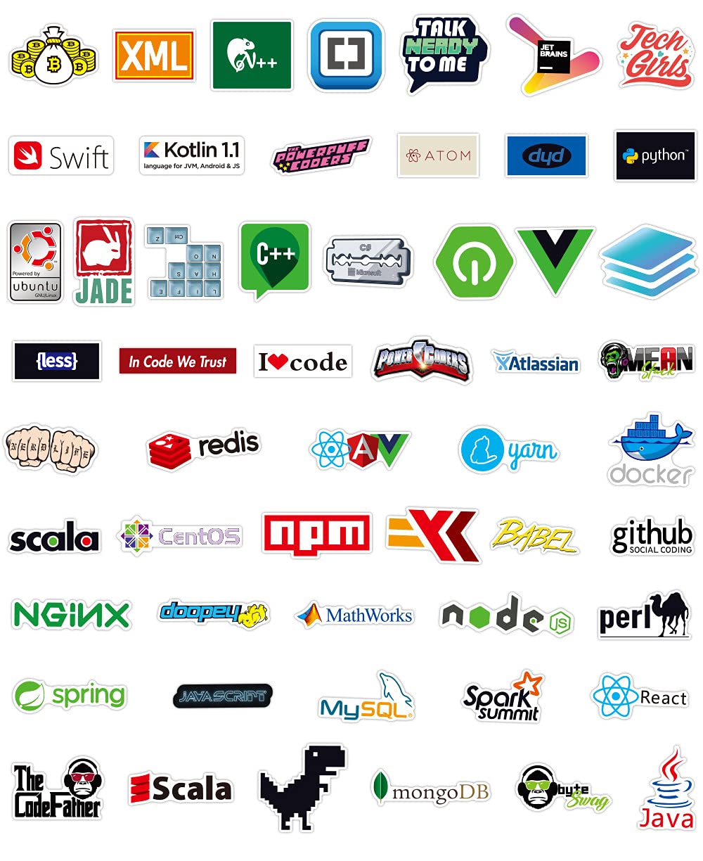 Sanmatic 100 sztuk naklejek na laptopa dla programistów, język programowania, zawiera naklejki IT-Logo, C ++, Python, Linux, Swift, dla geeków, inżynierów, hakerów, geeków, koderów