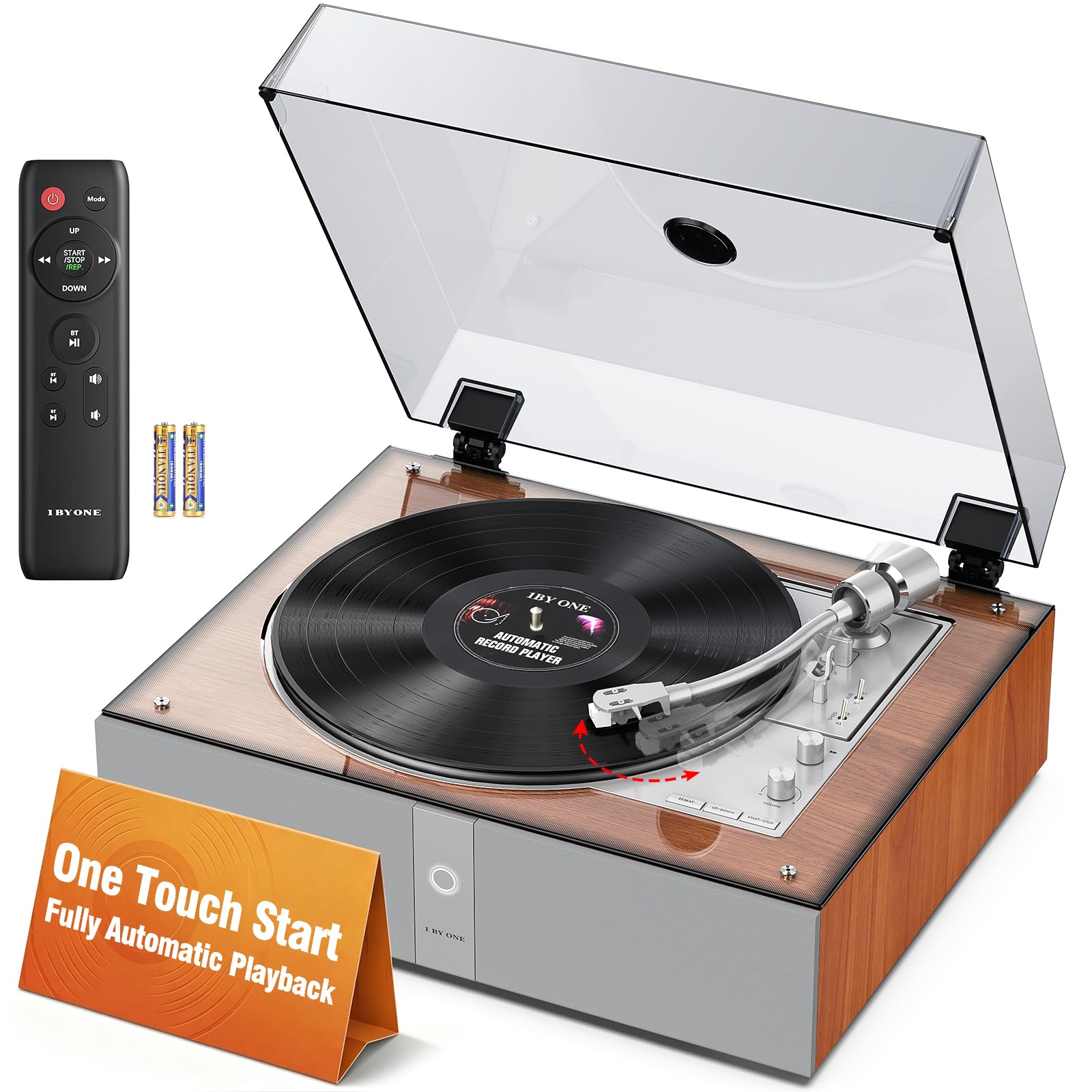 1 BY ONE Fully Automatic Record Player, All-in-One Vinyl Turntable | Automatic Repeat Function, Remote Control, Built in Speakers& DSP, Phono Preamp, AT-3600L Cartridge, Belt Drive 2-Speeds