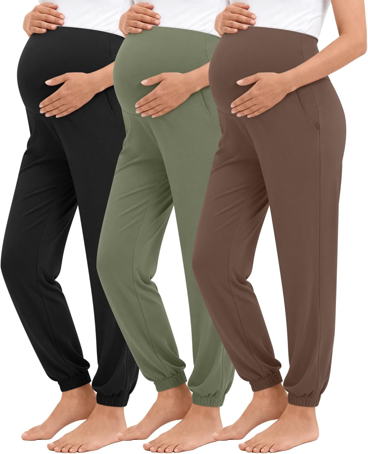 Neer 3 Pack Women's Maternity Pants Over The Belly Stretchy Joggers Pregnancy Casual Lounge Pants with Pockets