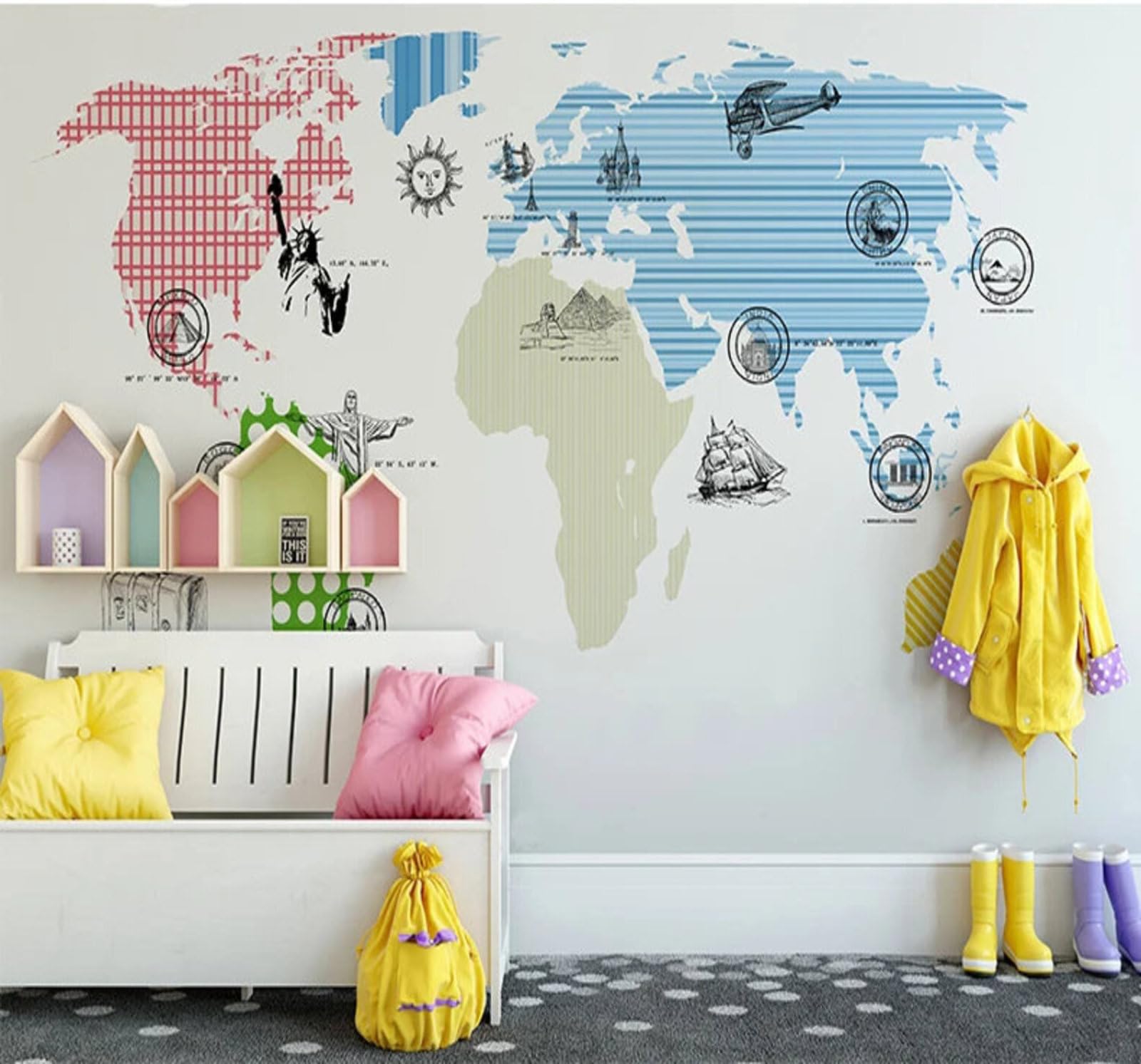 Tzxztt Cartoon Hand Drawn Colourful World Map Unique Modern 3D Wallpaper Premium Textured Silk Neutral Tones Material Ideal for Living Room Bedroom-300cm×210cm