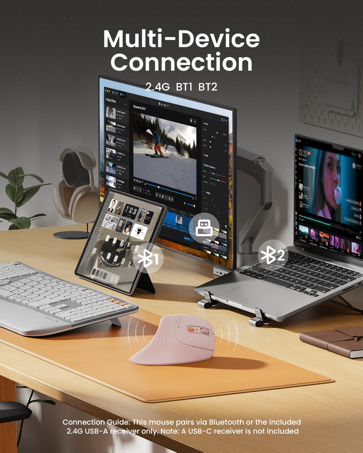 ProtoArc Ergonomic Vertical Mouse, EM11 NL Rechargeable Wireless Mouse Bluetooth, Ergo Mice with 3 Multi-Device for PC/Notebook/Laptop, 2.4GHz Optical Mice for Windows, Mac OS, Pink