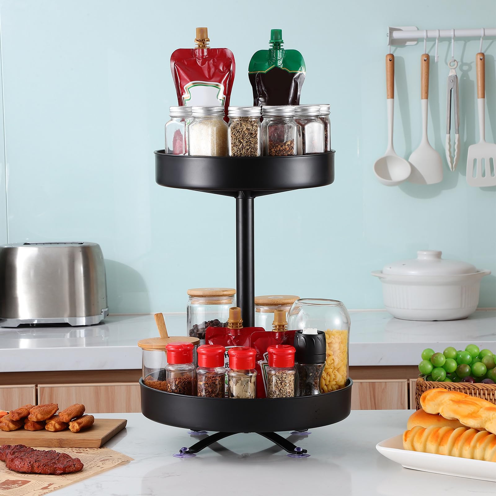 Estante Giratorio Bordes Elevados Organizador de Plástico y Acero Inoxidable y Diseño Giratorio para Especias y Condimentos de Cocina para Barra y Hotel