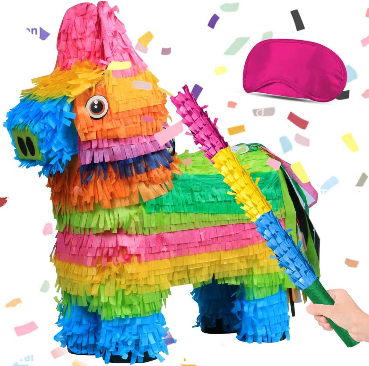 Cinco De Mayo Donkey Pinata -15.5" Rainbow Color Donkey Pinata with Pinata Stick and Blindfold for Mexican Theme Party Decoration, Fiesta Taco Party Supplies, Carnivals Festivals