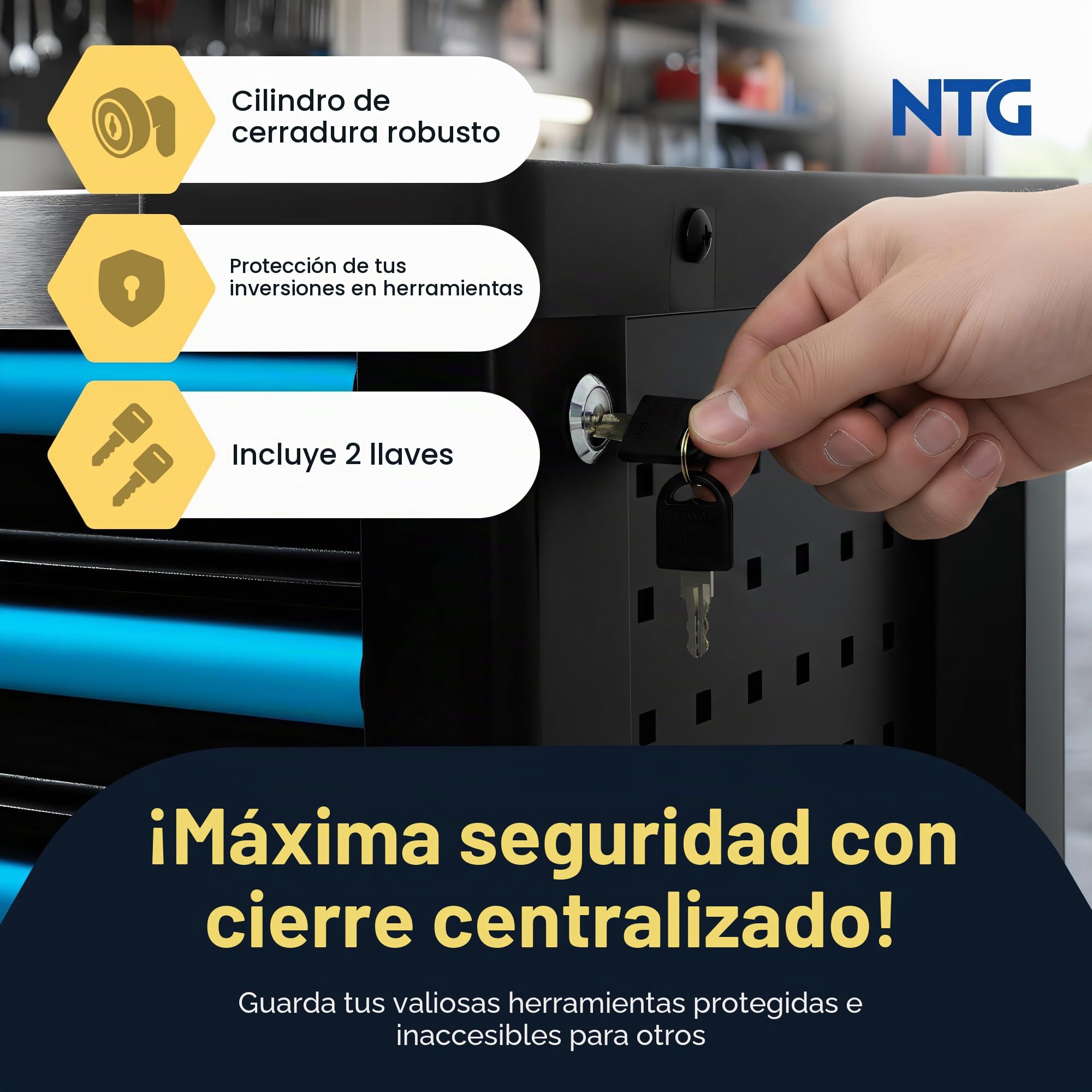 NTG Carro de herramientas con 7 cajones, incluye 290 piezas de herramientas – Carro de taller con cierre centralizado, se puede cerrar, móvil con ruedas – Maleta de herramientas profesional con ruedas