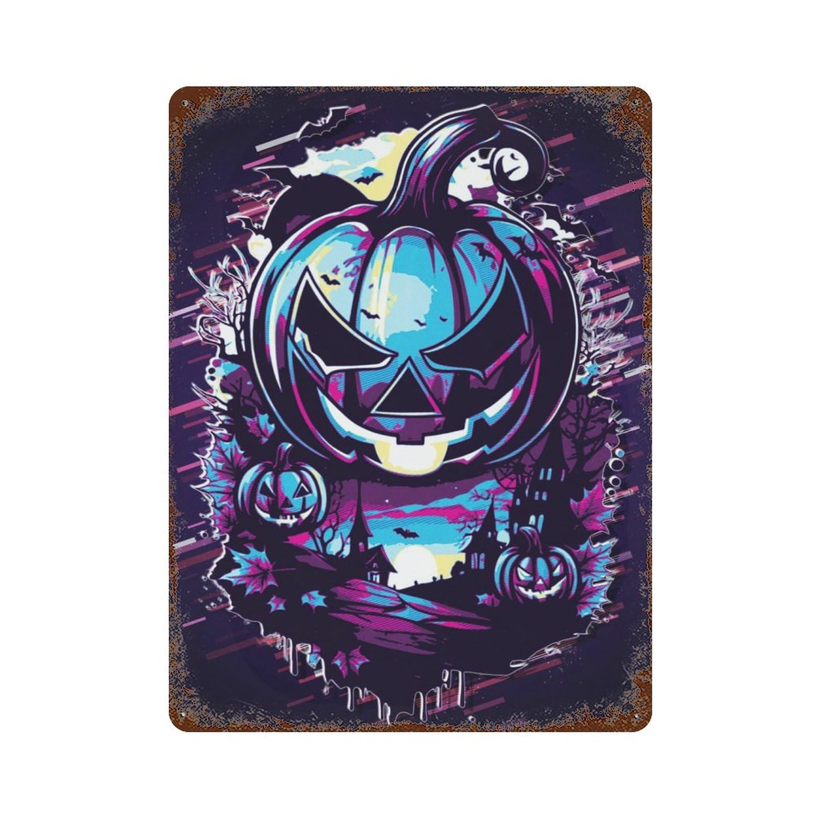 Halloween Pumpkin Glitch Art 15.7"x11.8" Rustic Tin Plaque, Farmhouse Wall Decor for Basement, Hobby Room And Garage Decor
