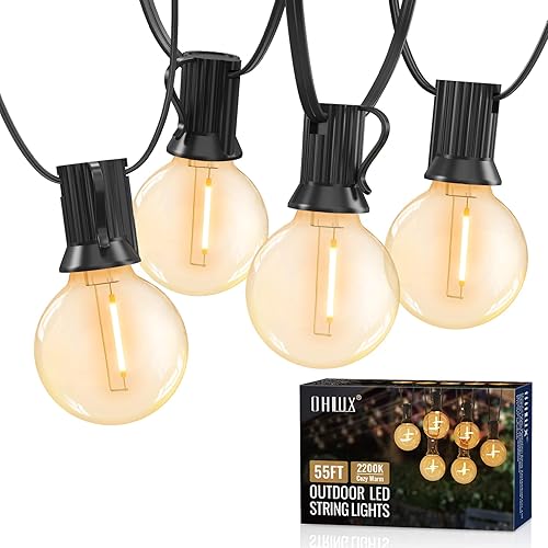 Outdoor String Lights,50FT+5FT Shatterproof LED Patio Lights with 30 Dimmable Plastic G40 Bulbs,2200K Waterproof Hanging Lights String,Connectable Outside Lights for Backyard,Cafe,Porch,Deck,E12 Base