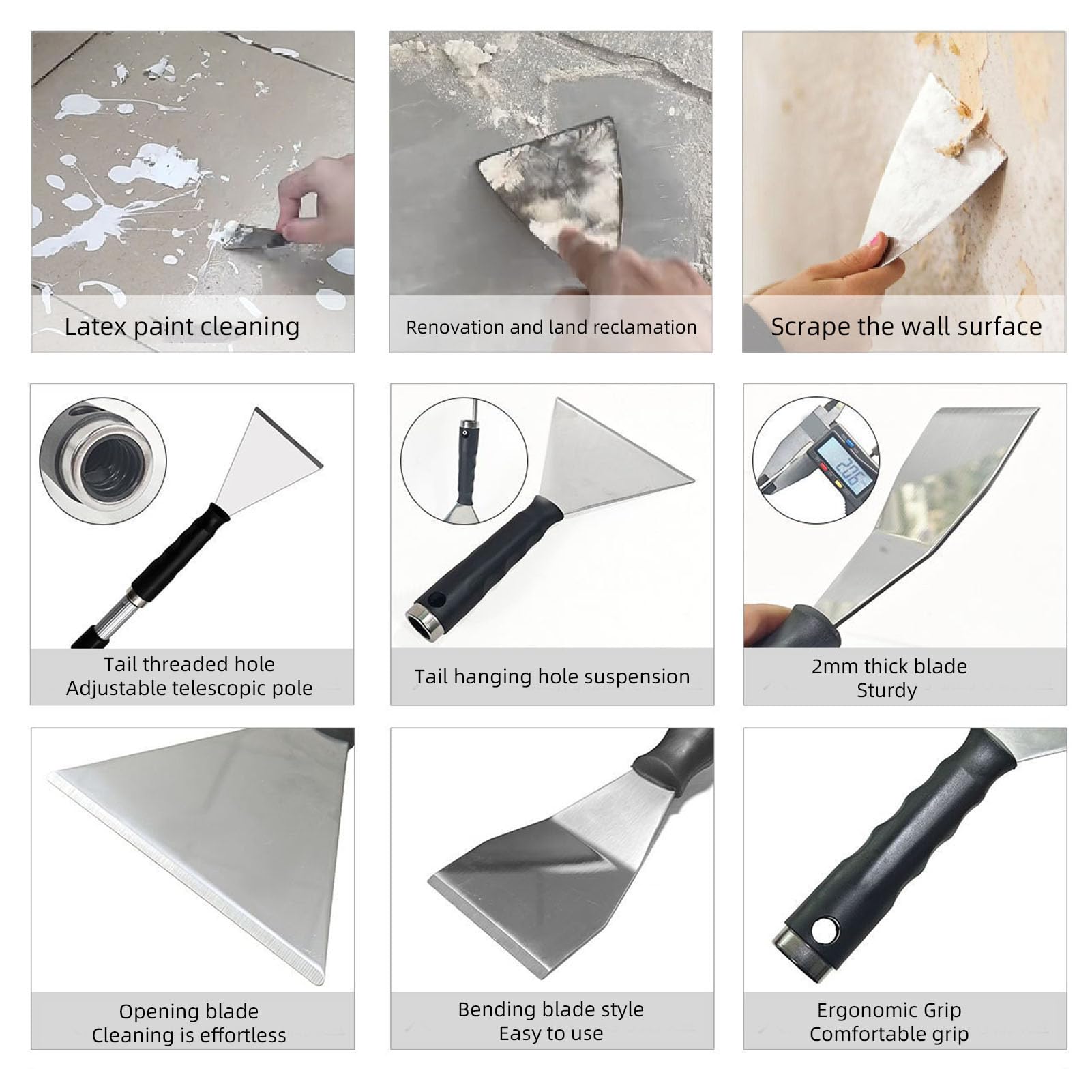 Garsent Set di Lama di Scrematura a Secco, Raschietto in Acciaio Inossidabile con Pale di Stucco a 4 Taglie, Set di Lama Stutty con Sacchetto di Stoccaggio, Manico di Estensione 15,75 a