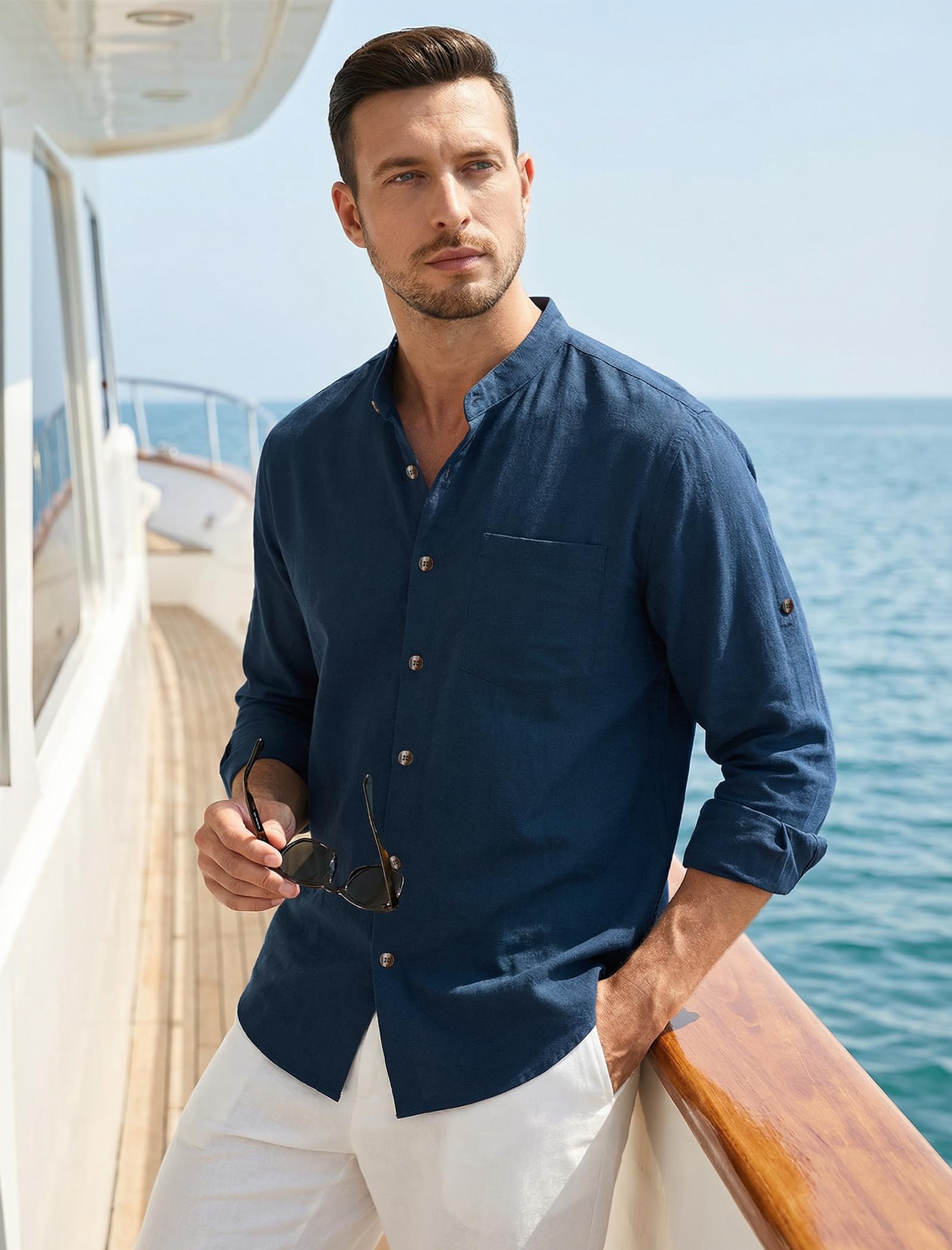 Enlision Camicia Lino Uomo Manica Lunga Estiva Camicia da Uomo Collo Coreana con Bottoni Maglia da Spiaggia Casual Henley Shirts S-2XL