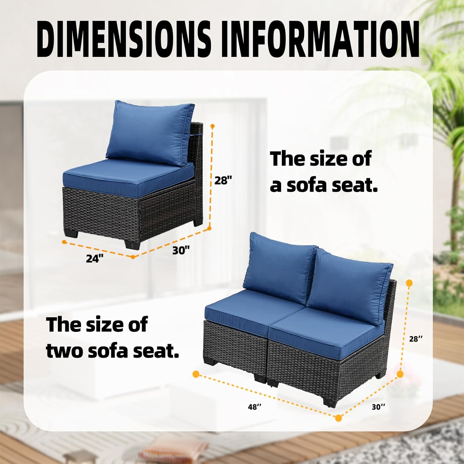 JOYURE 2 Piece Outdoor Wicker Armless Sofa，Patio Rattan Sectional Sofa Set w/2 Thick Seat Cushions and 2 Back Cushions, Additional Love Seats for Balcony Garden Patio Poolside,Navy