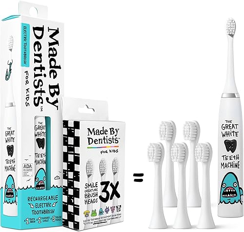 Made by Dentists Cepillo de dientes eléctrico para niños, cepillo de dientes vibratorio recargable con temporizador, incluye 6 cabezales de