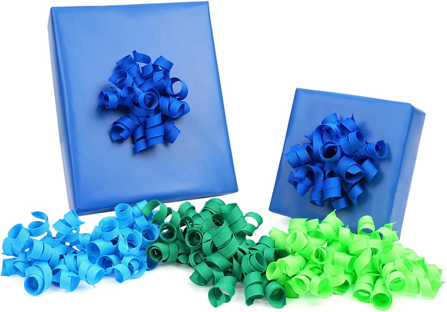 LaRibbon Blue and Green Bows - Curly Ribbon Gift Bows, Self Adhesive for Birthday Party, Gift Wrapping, Treat Bags - 8 Counts