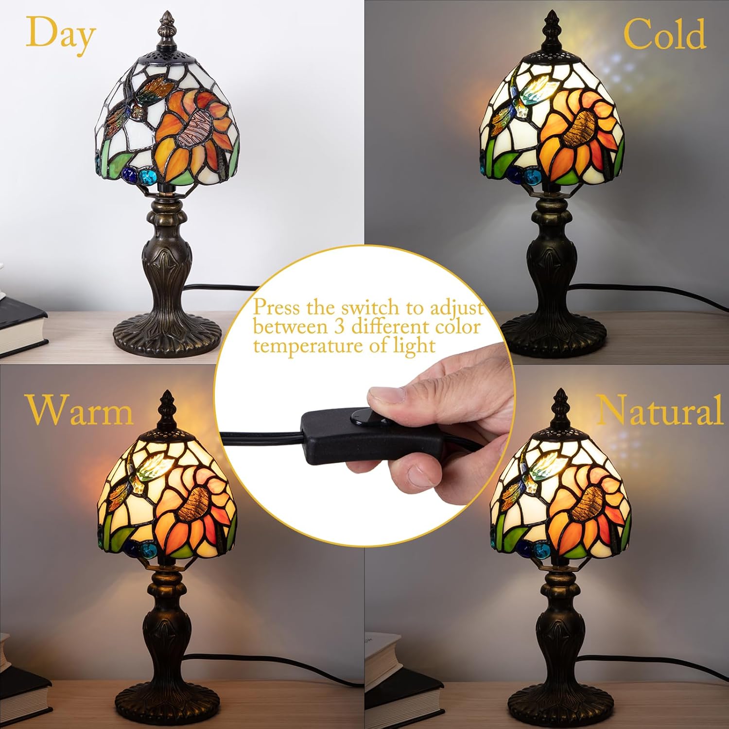 Small Stained Glass Lamp,6 inch Sunflower Tiffany Style 3-Color-Temperature Lamp, for Bedside Bedroom Living Room Office Decor Home, Include LED Bulb
