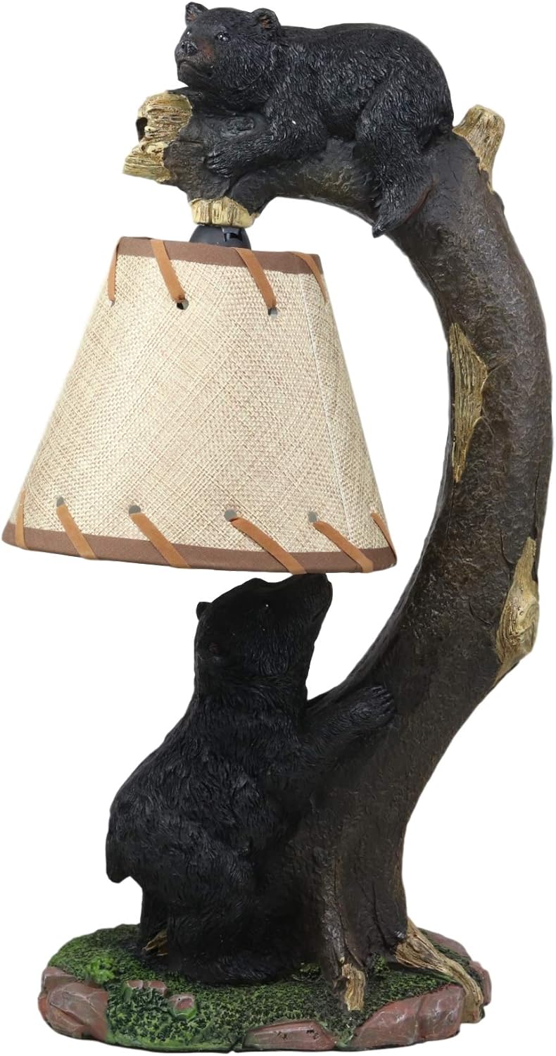 Ebros Whimsical Playful Climbing Black Bears On Bending Tree Branch Table Lamp Statue with Hanging Burlap Shade 15.75" High Wildlife Rustic Cabin Lodge Decor Forest Bear Family Desktop Bedside Lamps