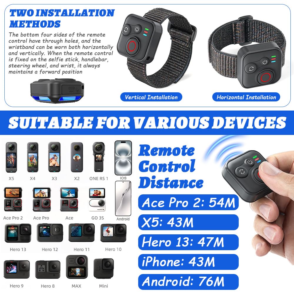 Bluetooth Telecomando per GoPro Hero 13/12/11 Insta360 X3/X4/X5/Ace Pro 2/Ace Pro/GO3S/GO3/IOS/Android,Telecomando Bluetooth con Cinturino da Polso e Cavo di Ricarica USB,Senza Fili Telecomando