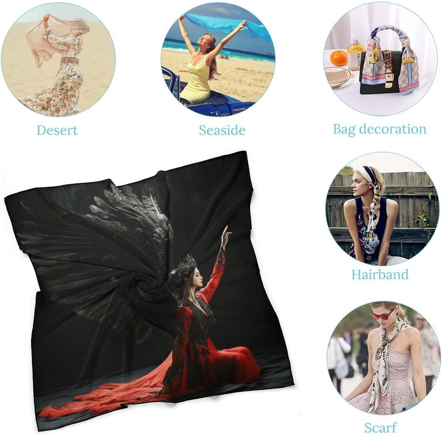 Black Angel Bandana Fashion Head Scarf Square Silk Scarf Print Neck Hair Scarfs for Women Men Gifts