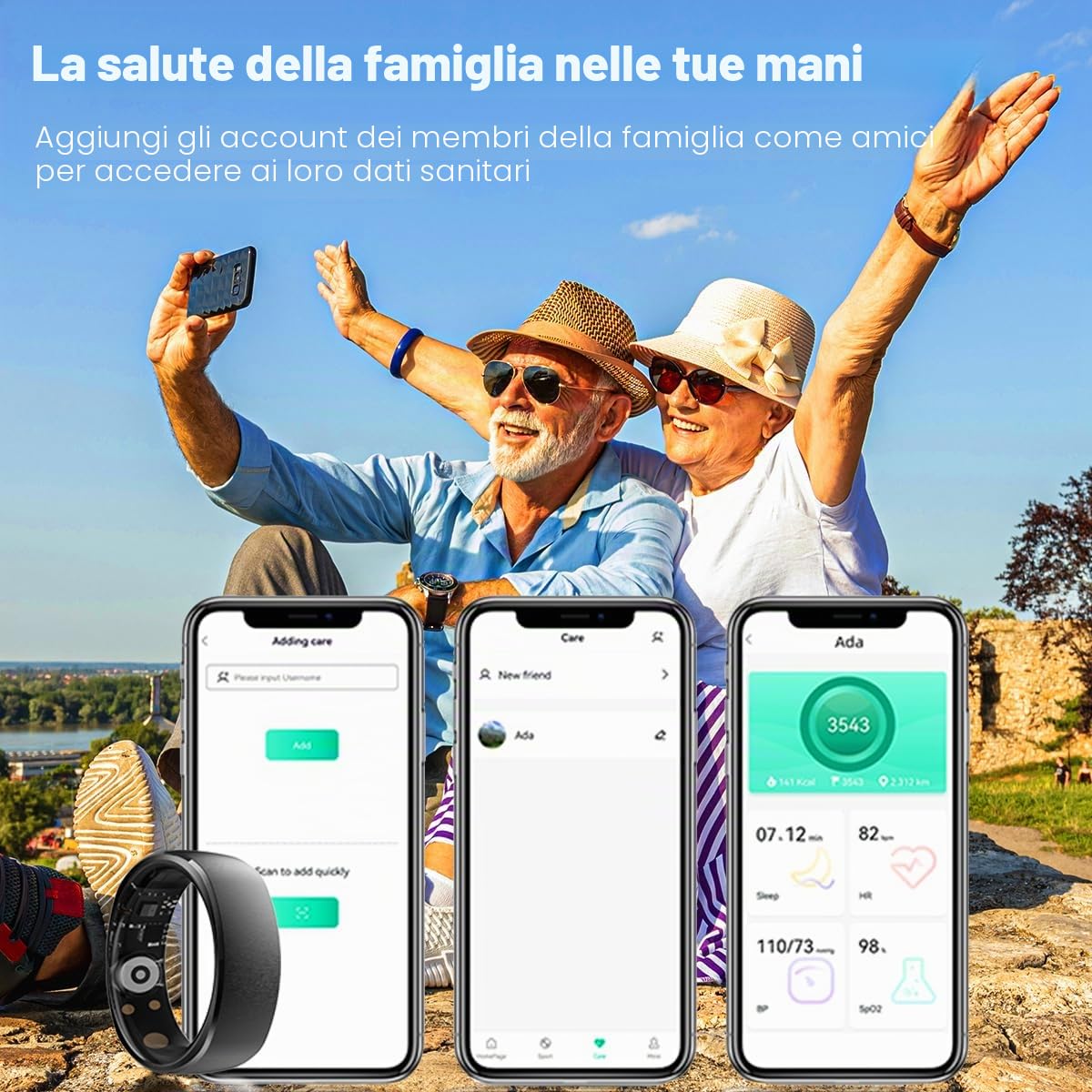 Rogbid Anello intelligente per uomo e donna, con frequenza cardiaca, ossigeno nel sangue, pressione sanguigna, monitoraggio del sonno, fitness Step Tracking, IP69, impermeabile, per iPhone e Android