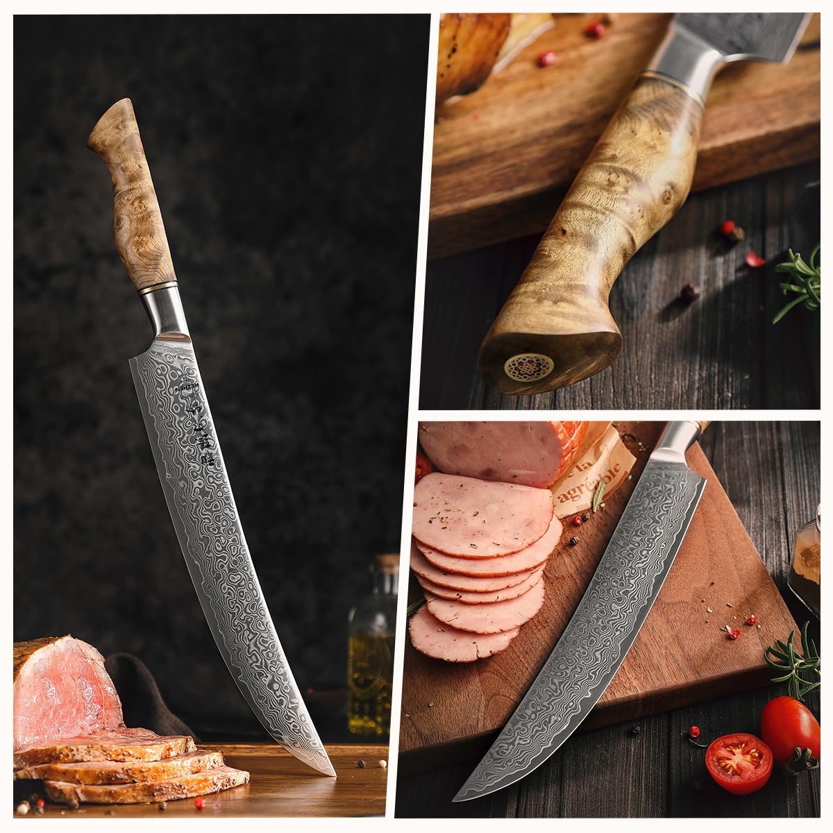 HEZHEN Damast Tranchiermesser, Damaststahl Fleischmesser Professionelle Slicer Messer, Zum Schneiden von Truthahn, Grill
