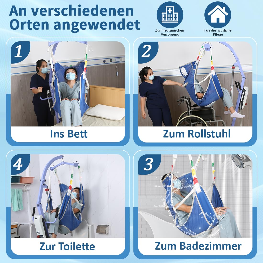 Patientenlifter Netzhebegurt zum Duschen，Hebegurt für den Toilettengang,Ganzkörperhebegurt für den Heimgebrauch (Blau, Groß)