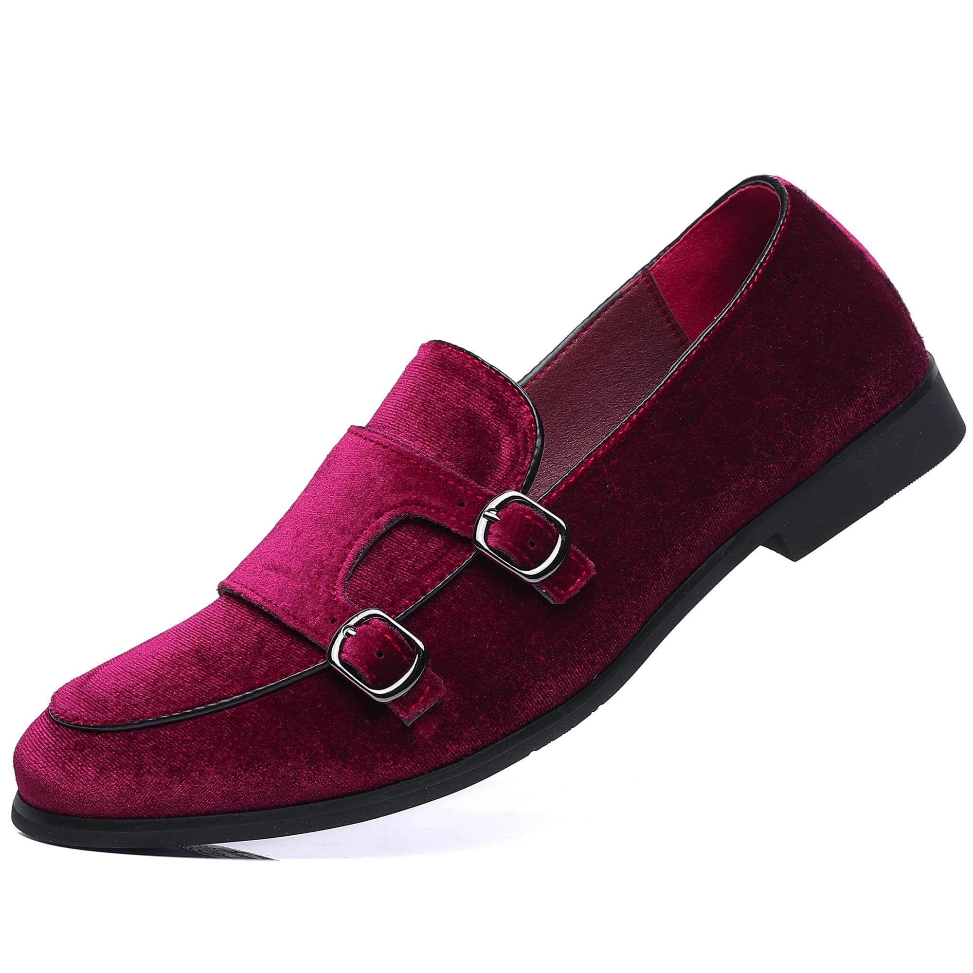 COSIDRAM Mens Dress Shoes Velvet Loafers Double Monk Strap Vintage Fashion Slip-on Suede Loafers 11 A/Red