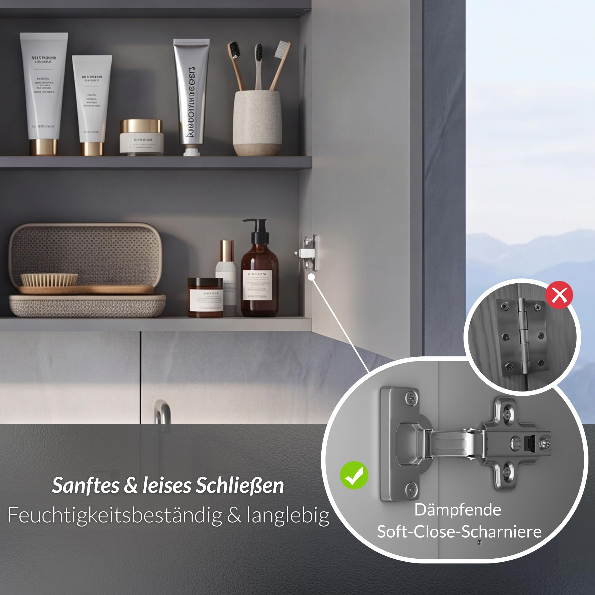 Spiegelschrank Bad mit Beleuchtung Vormontiert 60x70x14cm Steingrau