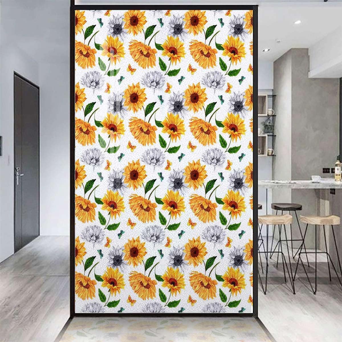 Yellow Green Window Sticker Non-Adhesive Glass Film Fashionable Plant Patterns Window Film Non-Adhesive Frosting Privacy Film Watercolor 31.5Wx62.9L-inch