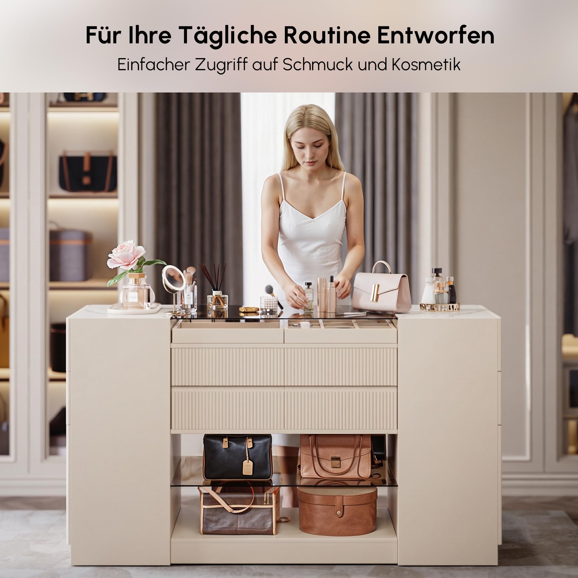 Homary 60 Zoll Insel Schmuckkommode mit Sinterstein & Glasplatte, 2 Schmuckfächern, 4 Schubladen, Türen & Regalen für begehbaren Kleiderschrank
