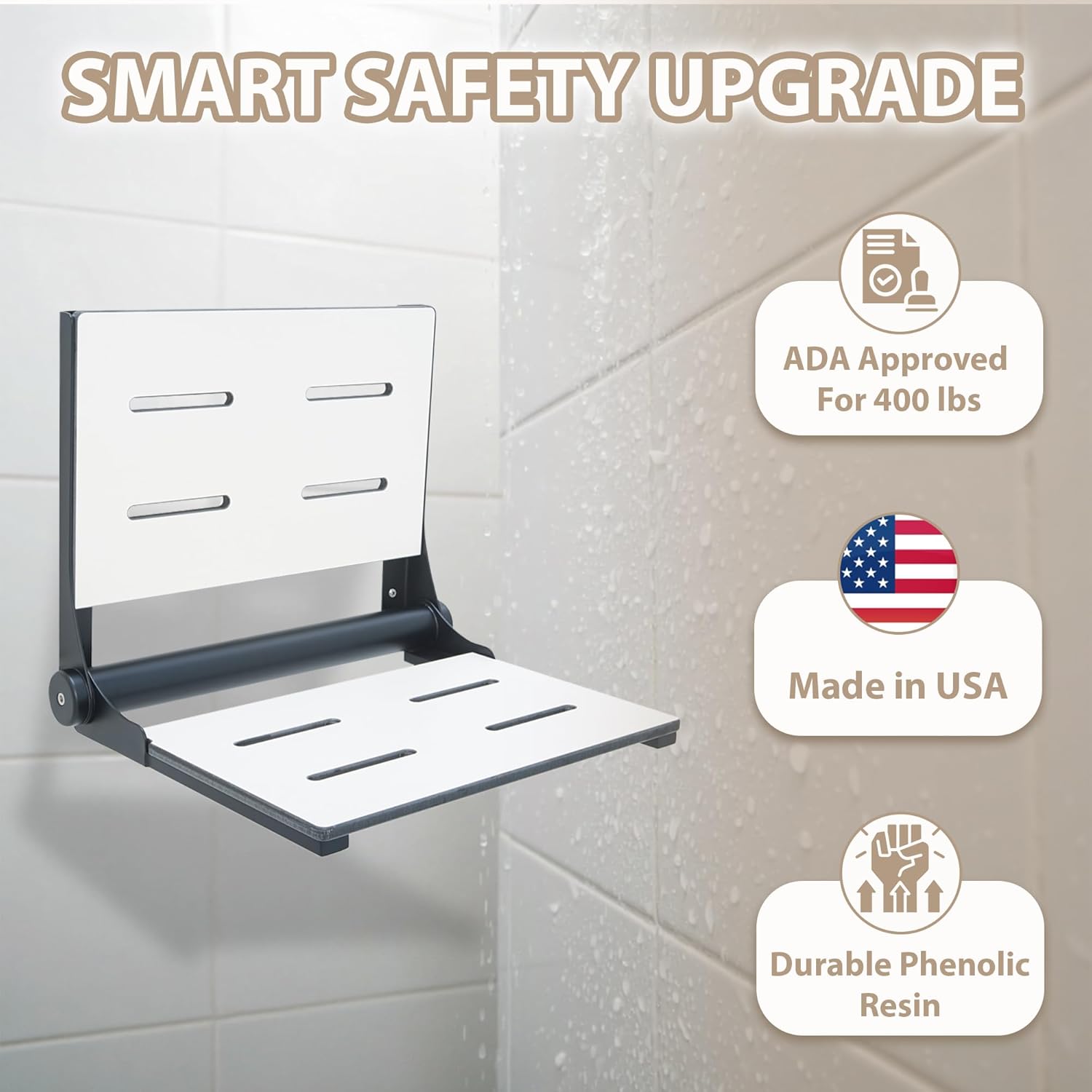 Folding Shower Seat with Back - ADA Wall Mount Bathroom Bench for Adults Seniors Disabled Bariatric Comfort/Durable White Phenolic Resin/304 Stainless Steel/Supports 500 lbs/Matte Black/ 26" x 16"