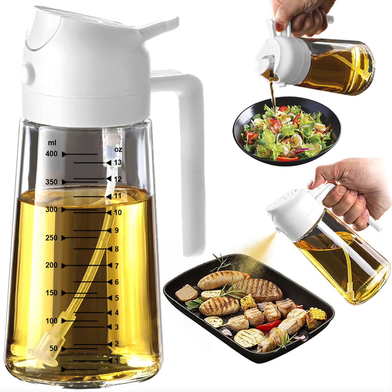 TrendPlain 16oz/470ml Glass Olive Oil Sprayer for Cooking – 2 in 1 Olive Oil Dispenser Bottle for Kitchen Gadgets and Air Fryer Accessories, Salad, BBQ - White