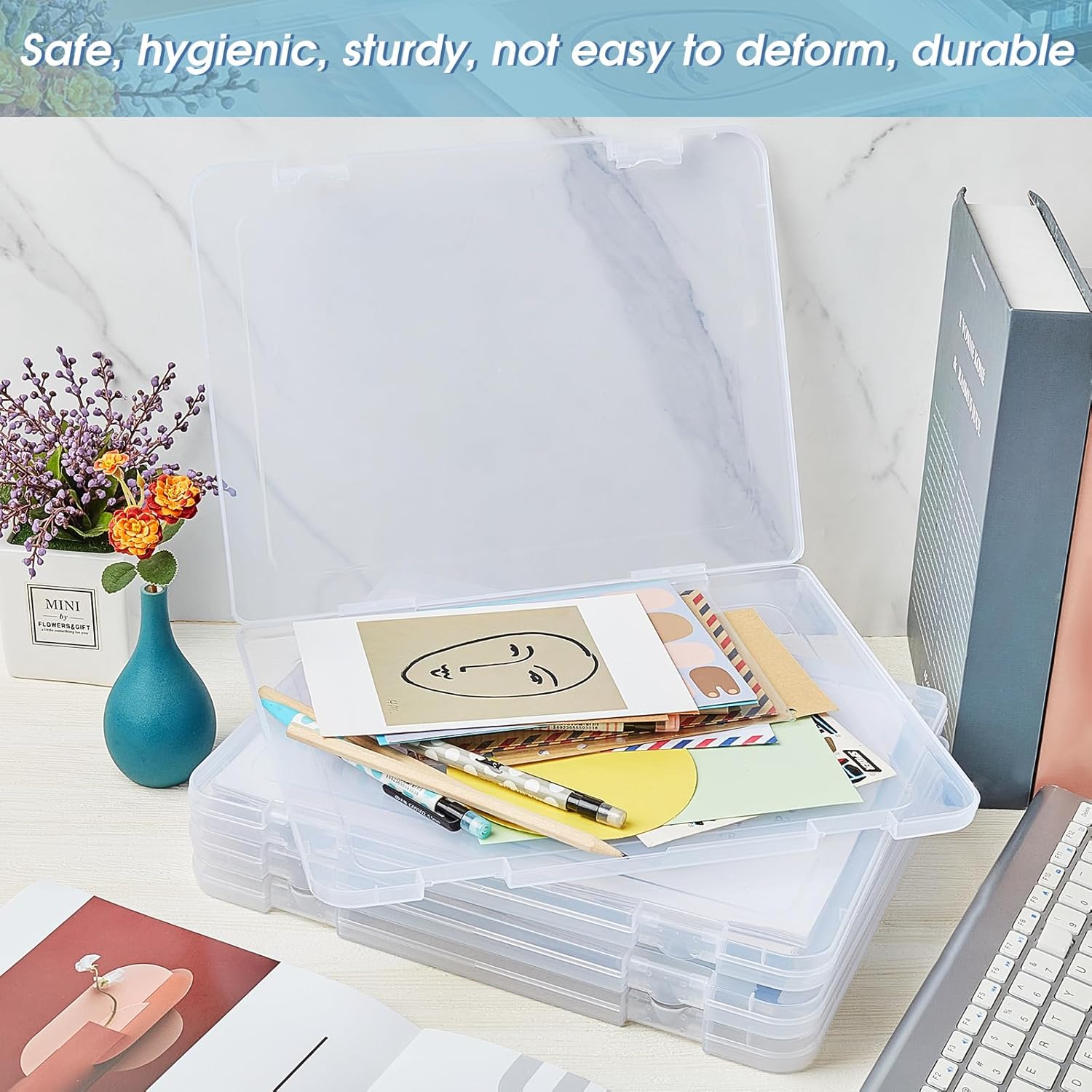 Gueevin 8 Pcs Clear A4 File Organizer Box, Plastic Document Storage Case with Snap Closure and Handle, Flat Paper Organizer for Magazine, Scrapbook and Board Games, 12.2 x 9.06 x 0.79 Inch