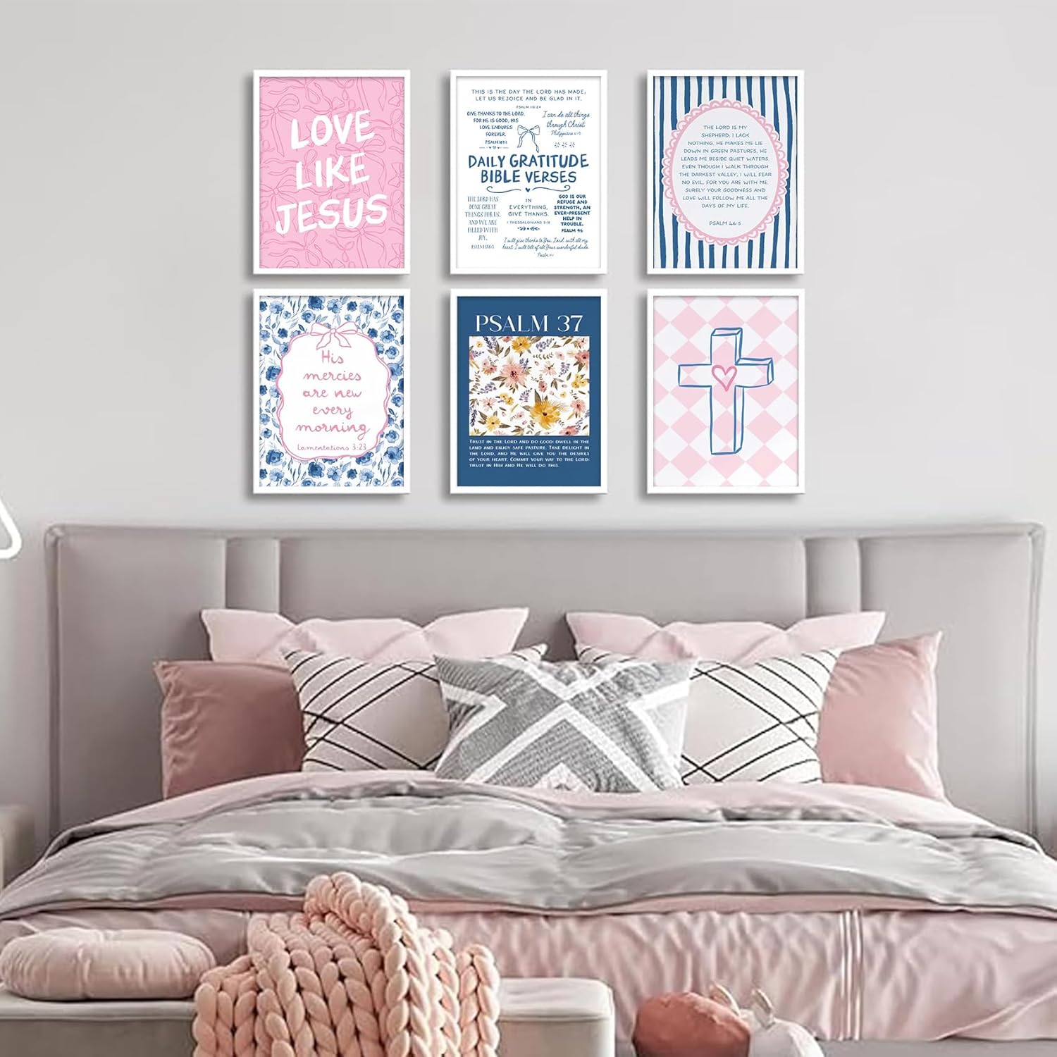 6Pcs Pink Blue Christian Wall Art Bow Bible Verse Floral Canvas Wall Decor Religious Pictures Jesus Scripture Poster Prints Trendy Preppy Painting for Bedroom Girls Room College Dorm 12x16in Unframed