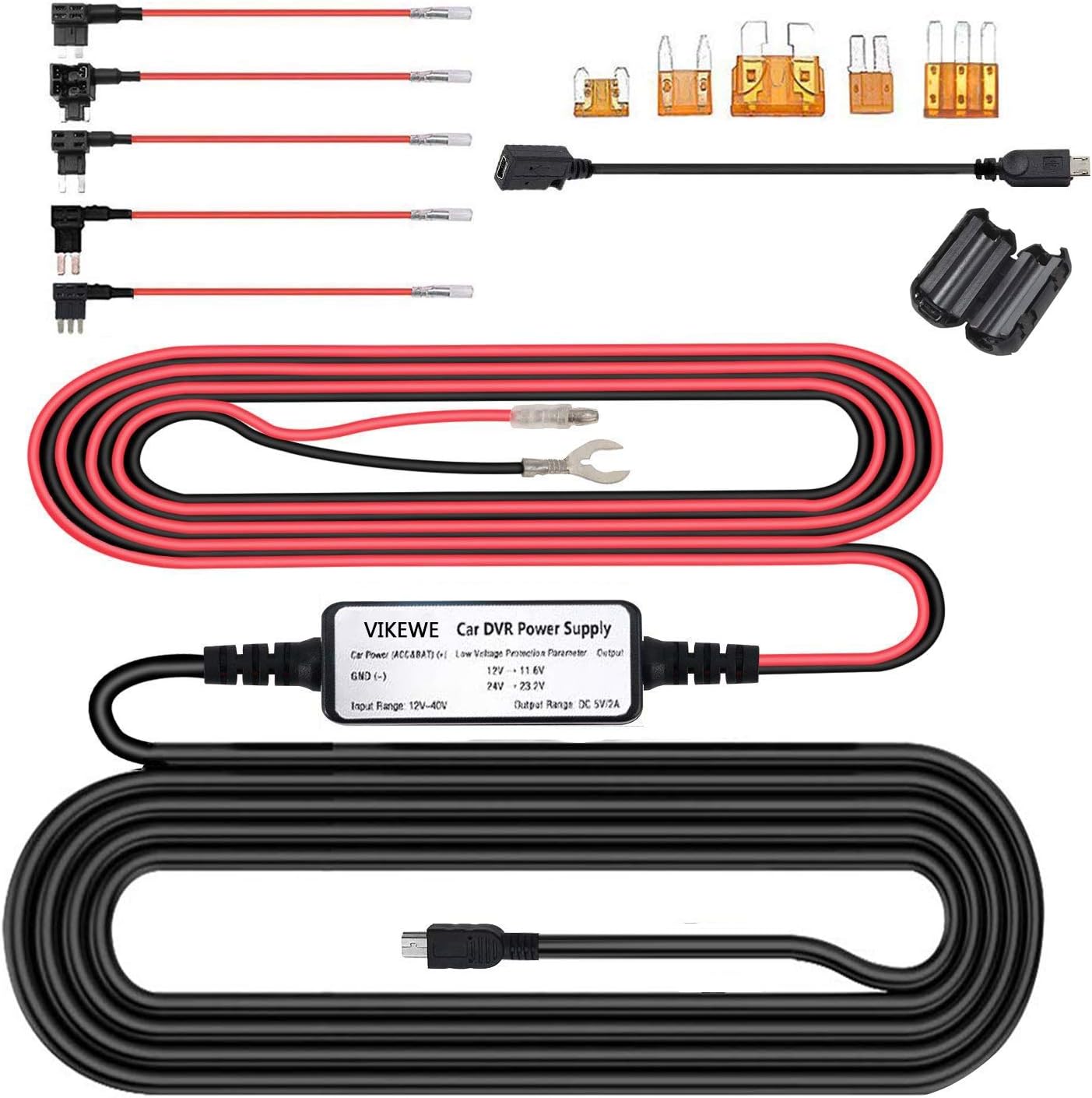 VIKEWE Upgraded Dash Cam Hardwire Kit, 13ft Cable with Mini and Micro USB Port for Dash Camera, Battery Drain Protection, 12V-24V to 5V Car Charger Power Cord with 5 Fuse Kit and Installation Tool