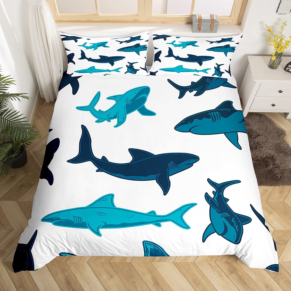 Shark Bedding &Linen Ocean Marine Animal Bedding Set Sea Underwater Creature Duvet Cover for Boys Girls Kids Room Decor Cute Sealife Bedspread Cover Double with 2 Pillow Case — image 1