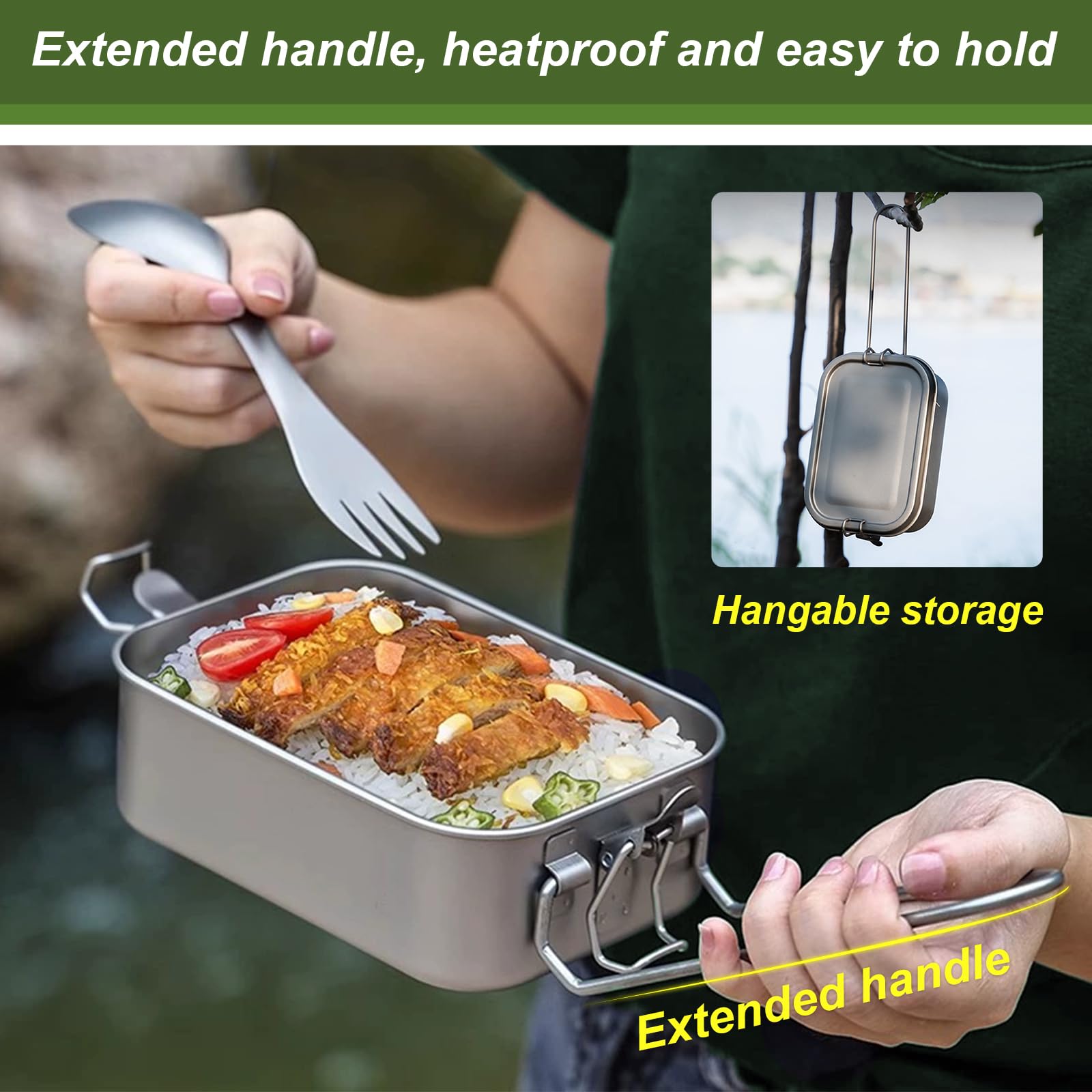 Boîte à bento en titane pur avec poignée pliable, 3 tailles, multi-usages pour pique-nique, randonnée, voyage (taille L)
