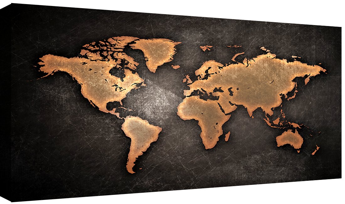 canvashop Quadro Mappamondo Nero su Tela Canvas 140x70 cm
