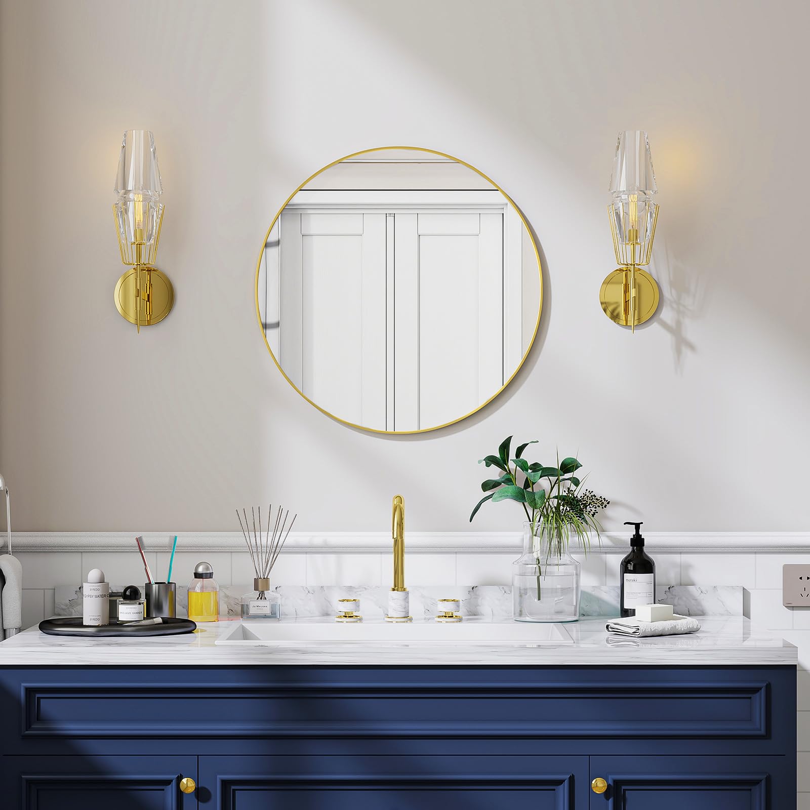 Koonmi Gold 50 Cm Round Mirror, Circle Wall Mirror With Aluminum Alloy Frame, Classic Round Mirror For Bathroom Over The Sink,