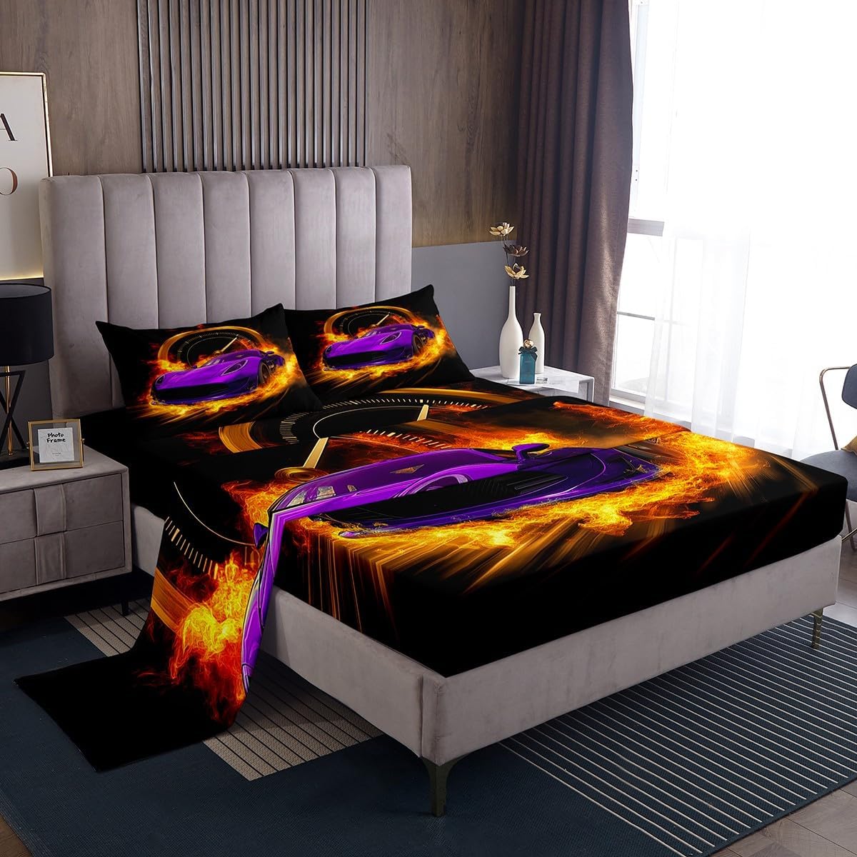 Erosebridal Purple Race Car Bed Sheets Set Full for Boys Girls,Kids Sports Car Bedding Set Race Car Decor for Toddler Boys Room,Cool Cars Sheets Breathable Racing Car Fitted Sheet Set 4Pcs