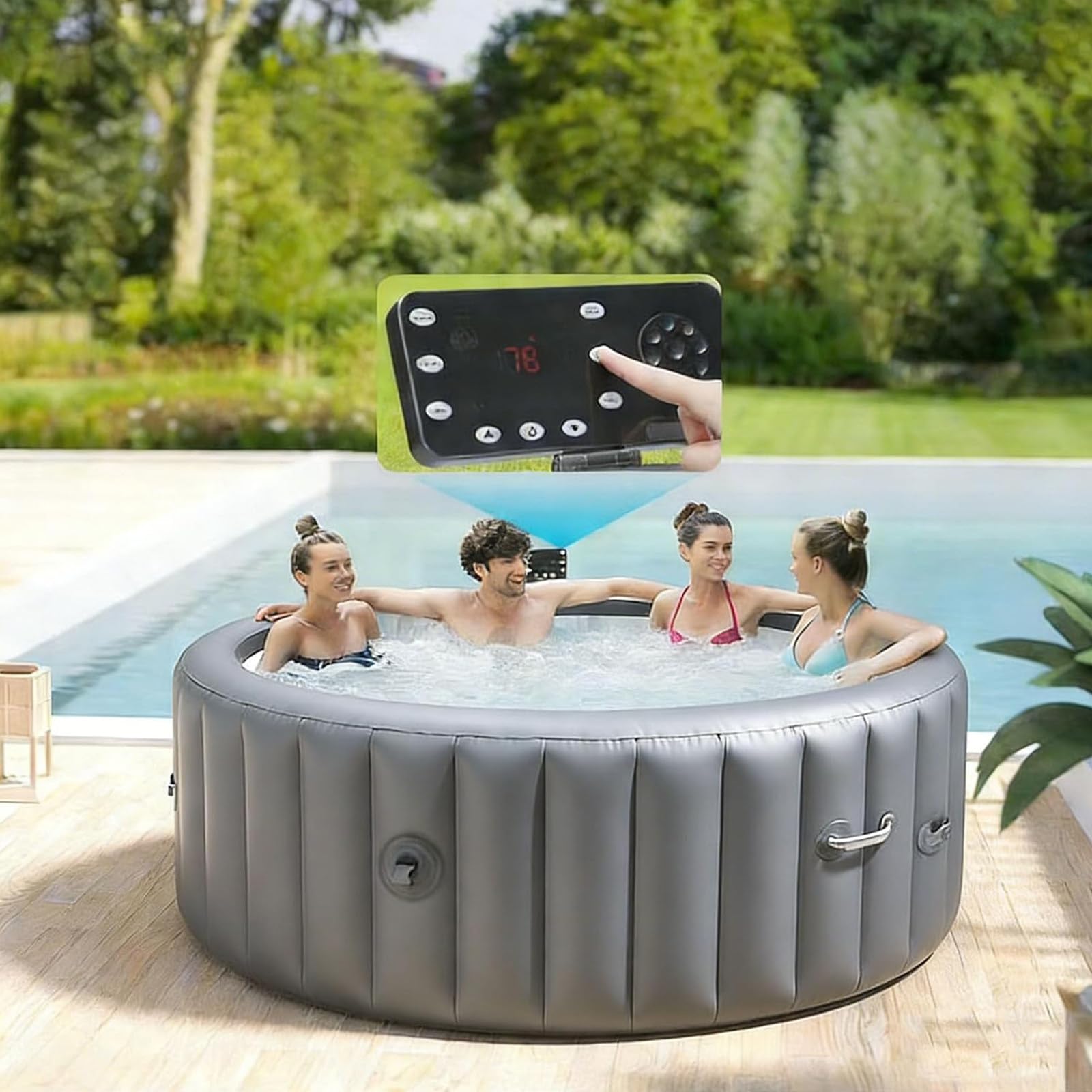 DDZJTPP Inflatable Hot Tub Spa 2-6 Adults,Portable Blow Up Tub with 180 Bubble Jets,104°F Rapid Heating System,6-Color LED Lights,Puncture Resistant Outside Spa Pool for Deck 72x28in