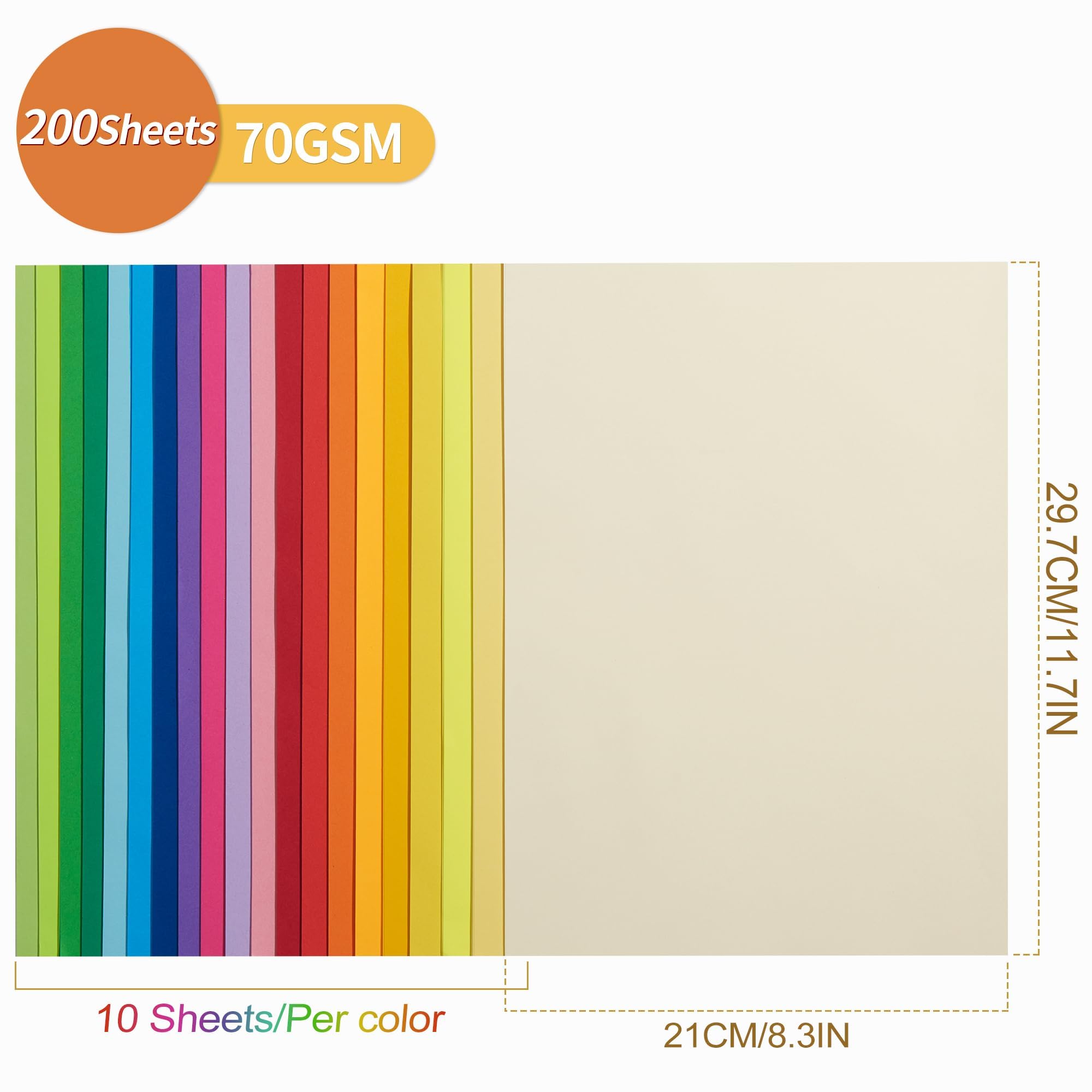 200 Fogli di carta colorata A4 fogli per origami 20 colori (70 g/m²