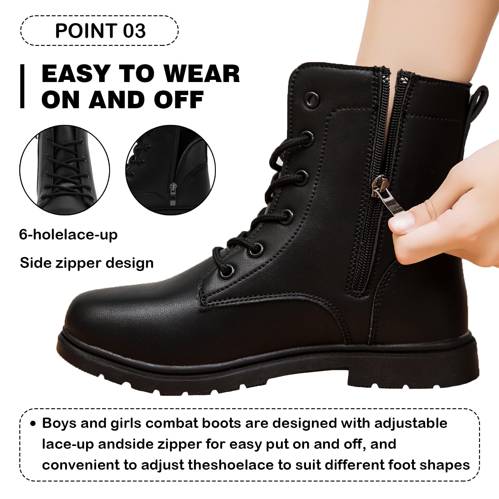 Bottines pour garçons et filles - Imperméables - Fermeture éclair latérale - Lacets - Noir - Bottes d'école en cuir - Bottines de marche montantes
