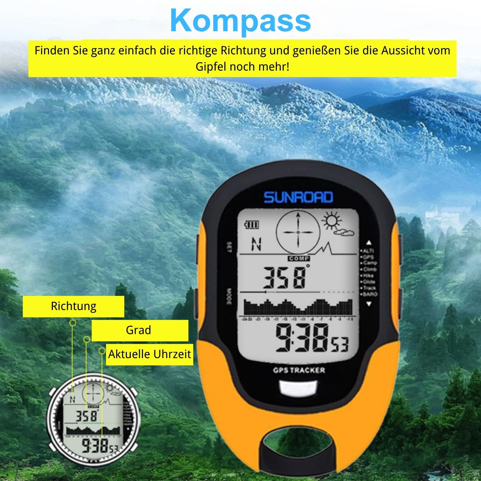 GPS Höhenmesser Barometer, Multifunktionale GPS Messgerät mit Hochpräzise Sensor, Kompass, Thermometer, Hygrometer, Wettervorhersage, Uhr, Datum, LED Taschenlampe, Wecker, IPX4 wasserdichte
