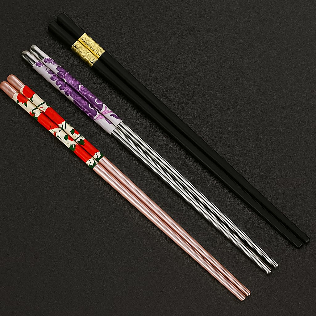 3-Pairs Premium Stainless Steel & Alloy Chopsticks Set – Blue, Red & Gold– Reusable, Lightweight, Non-Slip & Dishwasher Safe Chopsticks for Sushi, Noodles & Daily Dining-image-7