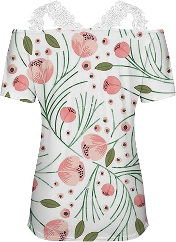 Miniatura 5 de Camisetas de encaje para mujer, estilo casual, hombros descubiertos, cuello en V, camisetas de moda con estampado floral