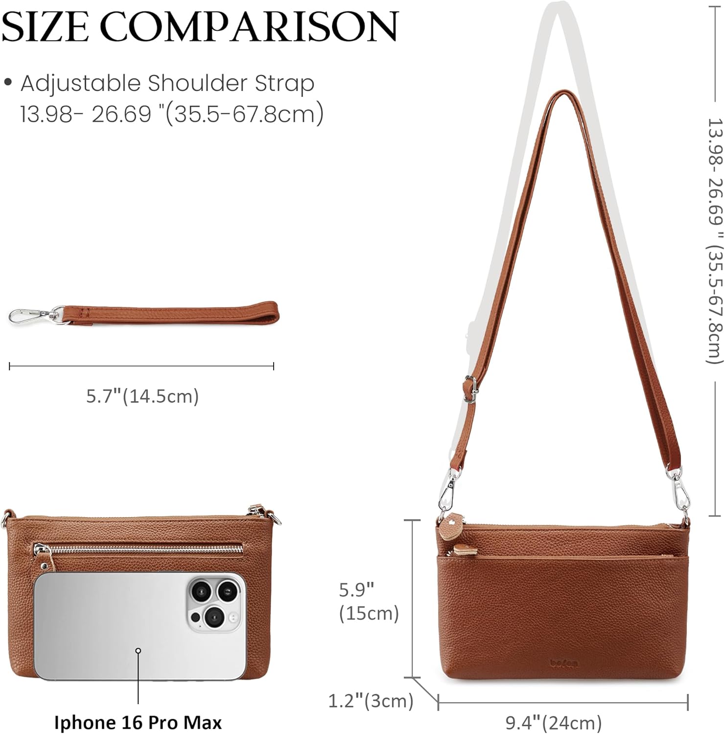 befen Genuine Leather Wristlet Clutch Wallet Purses with RFID Blocking, Small Crossbody Bags Shoulder Handbag for Women - Image 6