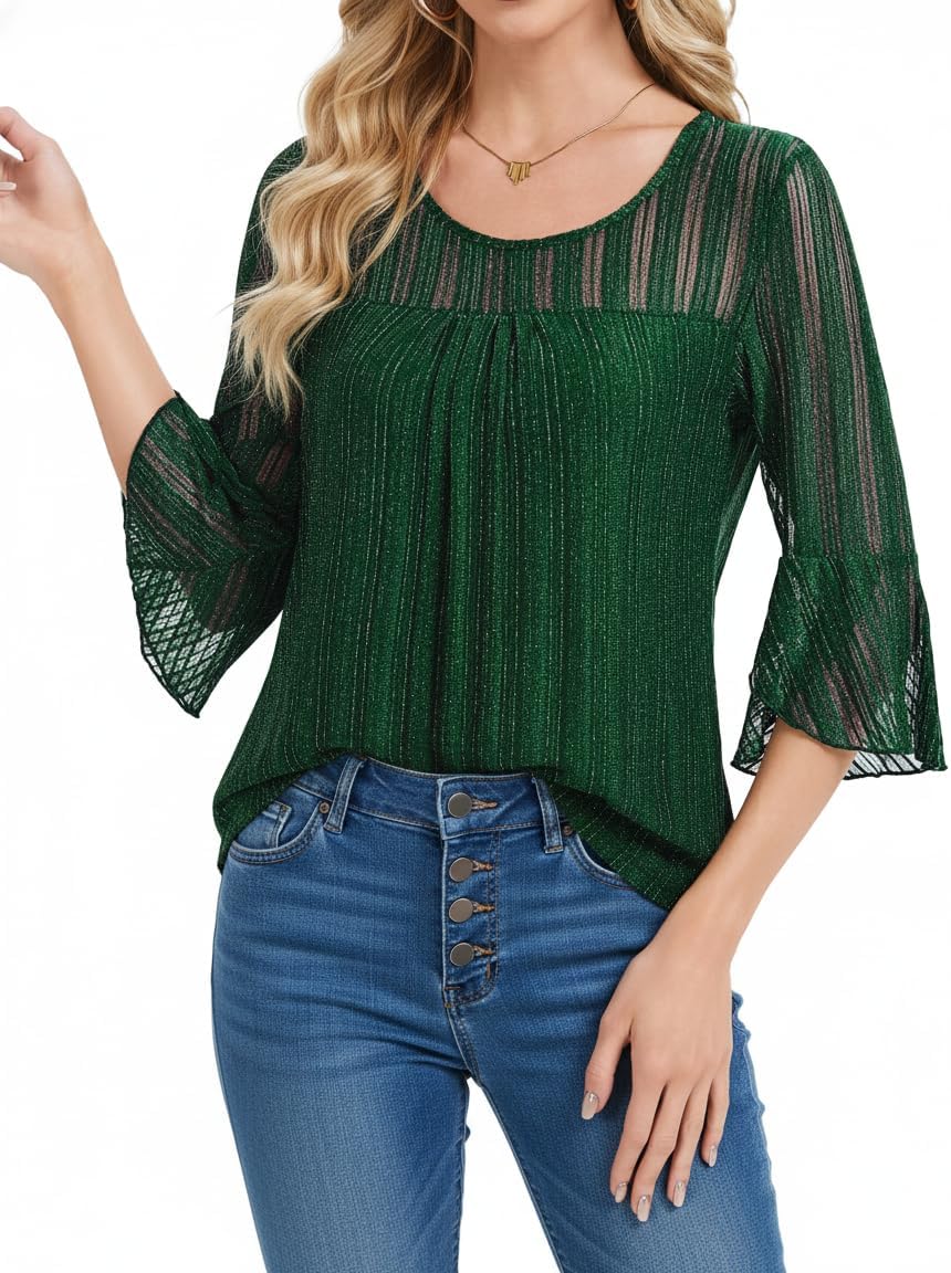 HANERDUN Women's Ruffle 3/4 Sleeve Dressy Blouses Double Layers Blouses Crew Neck Fashion Tunic Tops