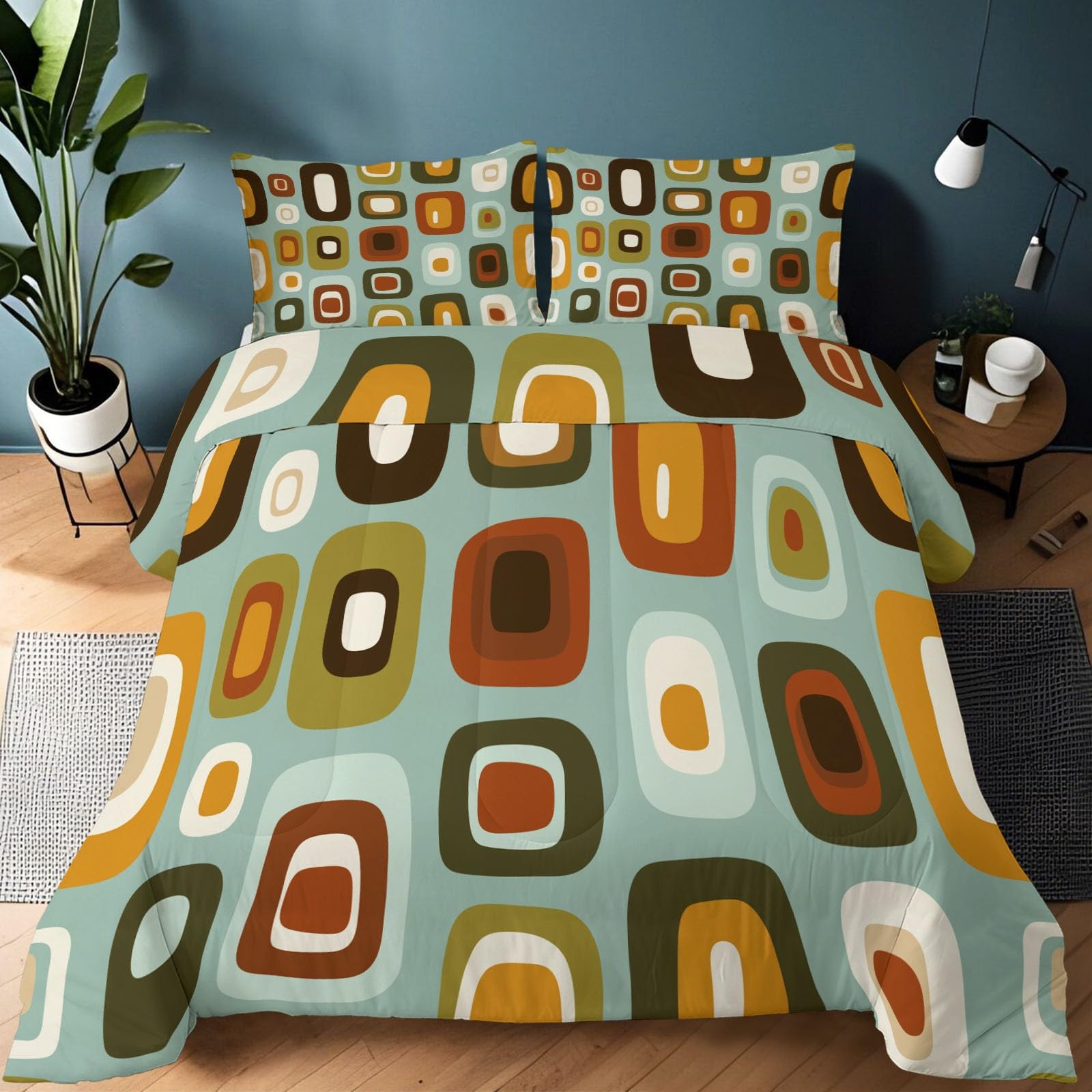 uego de Colcha Cama Bloques de Color geométricos Retro Colcha Estampada 200 x 200 cm Cubrecama Microfibra con 2 Fundas de Almohada, Manta de Verano Cama Superligera con Elegante Color Naranja