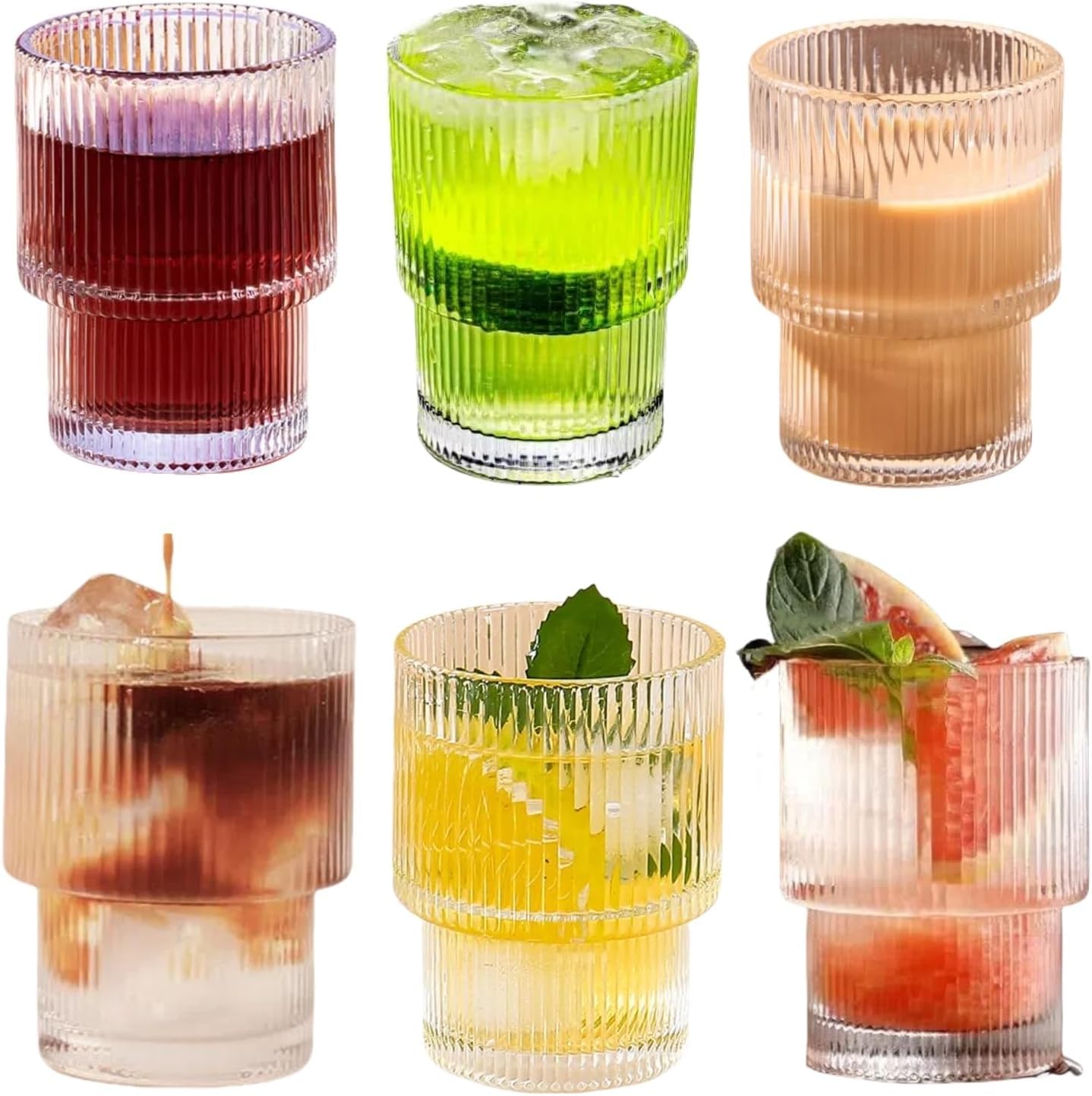 Ribbed Drinking Glasses Set of 6 7 oz - Origami Style Highball Glass Tumblers for Cocktails Coffee and