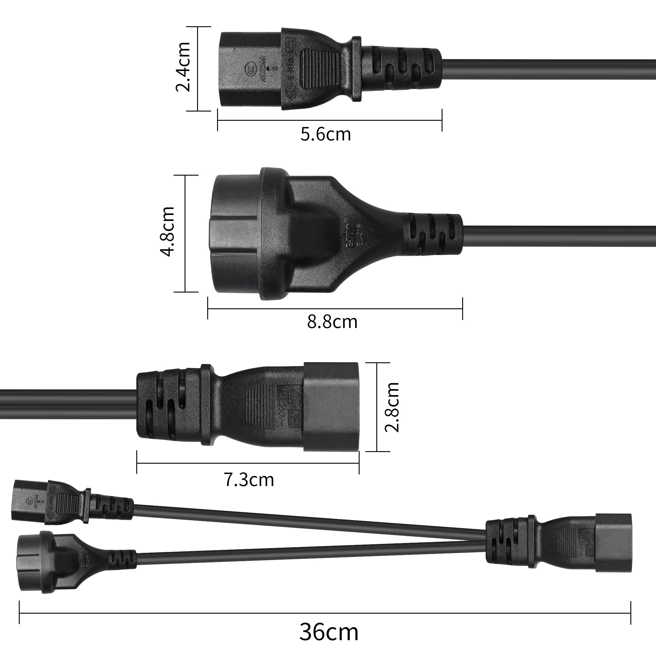 C14 naar C13 CEE 7/7 Y splitter stroomkabel YACSEJAO IEC 320 C14 naar C13, geaarde contactdoos, verlengkabel voor computer, monitor (1 ft/30 cm