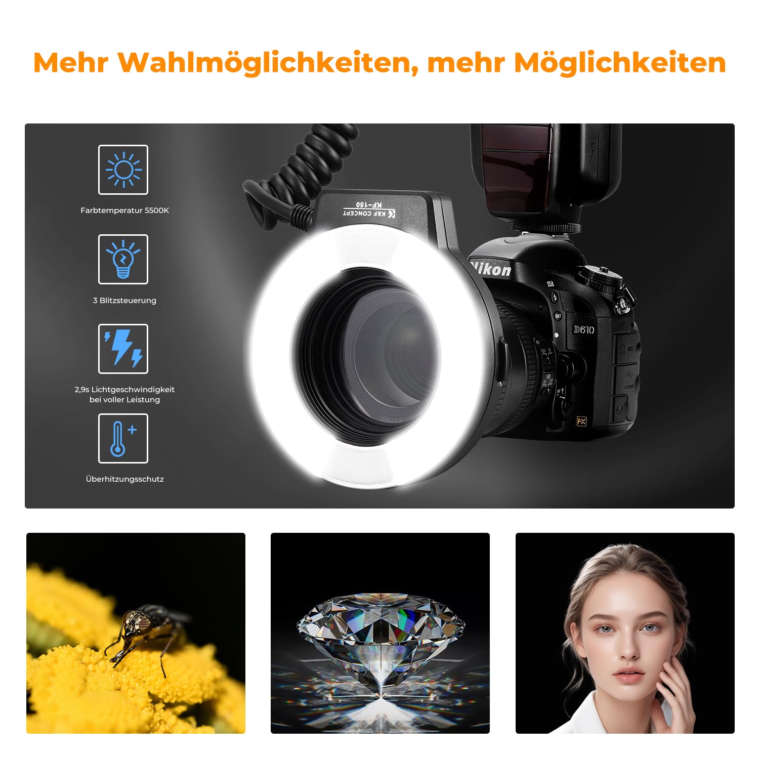 K&F CONCEPT TTL Makroblitz Ringblitz Ringleuchte Blitzgerät mit AF-Hilfslicht Adapterringe | Dual-Blitzröhren Ringblitz Kompatibel mit Nikon DSLR GN14 /D7100/D7200/D50/D70/D80/D500/D750