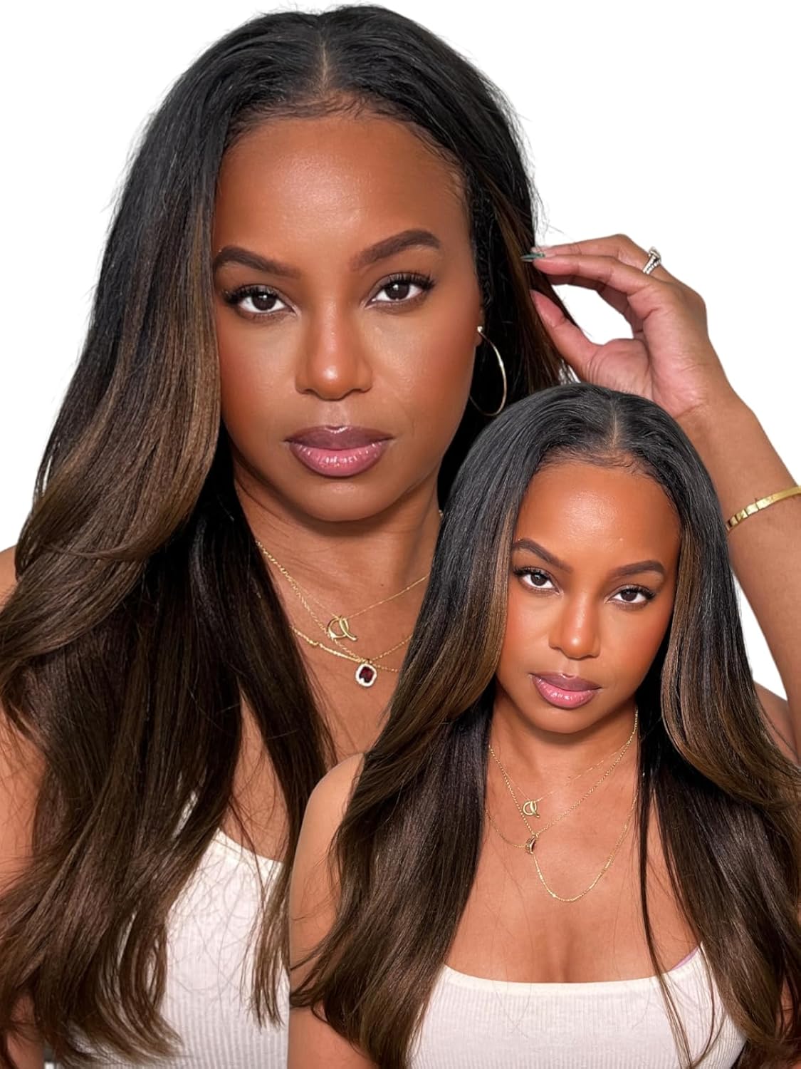 UNICE V Part Wigs Human Hair Yaki Straight Clip in Vpart Glueless Human Hair Wig No Sew in No Glue Ombre Chestnut Brown Beginner Friendly 150% Density 18 inch